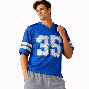 Men's <b>Blue</b> V-Neck Football Jersey With Number 35 <b>Mesh</b> Breathable Short Sleeve Sportswear Regular Fit Adult Apparel - Product Image 1