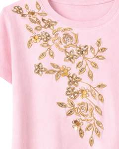 T-shirt en coton rose personnalisé pour femme avec broderie florale dorée, manches courtes, col rond, haut décontracté pour femme, design personnalisé - Product Image 5