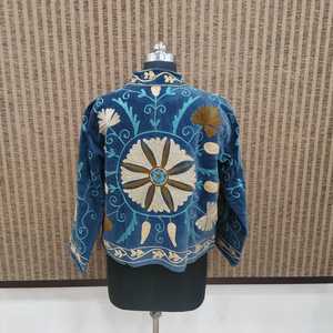 Women's Hand Embroidered Cotton Floral Velvet Short Coat Boho Mandarin Collar Full Sleeve Cotton Lining Spring Autumn Winter - Product Image 4