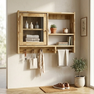 Meuble mural en bois avec portes vitrées, étagères, porte-serviettes et crochets – Unité de rangement flottante polyvalente pour cuisine et salle de bain - Product Image 5