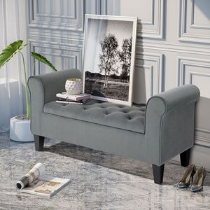 Pouf contenitore trapuntato grigio per casa, ufficio o camera da letto, panca pieghevole con braccioli per ingresso e letto, con morbida imbottitura - Product Image 2