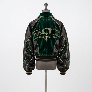Chaqueta bomber de terciopelo verde para hombre con mangas de imitación cuero negro, ribetes dorados, estilo retro de lujo, con cremallera, personalizada, al por mayor. - Product Image 4