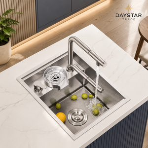Évier de cuisine rectangulaire Daystar Trade en acier inoxydable moderne à cuve unique, à encastrer sous plan, surface brossée, avec robinet fait main à quatre trous - Product Image 2