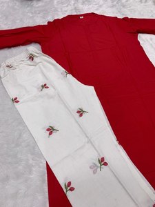 Kurta en coton rouge pour femme avec imprimé cerises, pantalon palazzo ample, tenue décontractée, style indien pakistanais, toutes saisons, longueur midi - Product Image 5