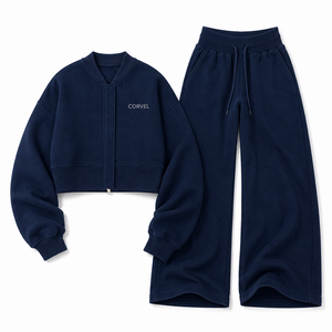 Customized Blue <b>Oversized</b> Cropped Sweatshirt Tracksuit Women Solid Heavy Fleece Loungewear Wide High Waist <b>Sweatpants</b> Wholesale - Product Image 4