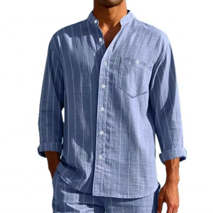Chemise décontractée en lin pour homme à manches longues et col montant rayé, simple boutonnage, respirante, coupe tendance en tissu satiné - Product Image 1