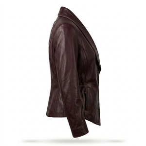 Burgundy Wine <b>Womens</b> Real Leather Wrap Coat Jacket Asymmetrical <b>Shawl</b> Lapel Gathered Waist Factory Hot Supplier - Product Image 3