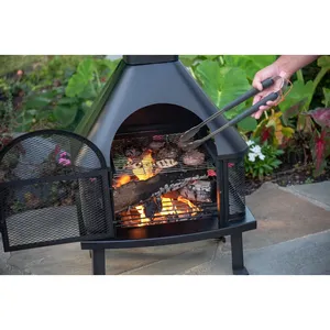 Cheminée en métal 2-en-1 de 47 pouces pour brûler du bois, avec grille de cuisson, écran anti-étincelles, portes et cheminée pour patio et jardin - Product Image 4