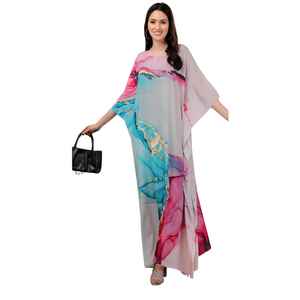 Robe kaftan courte pour femme – Bleu pastel avec imprimé floral abstrait coloré, coupe ample, style tunique. - Product Image 1