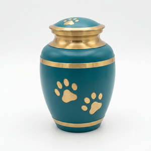 Urna Funeraria Azul para Cenizas de Mascotas, Perros y Gatos, Hecha a Mano en Aluminio, con Grabado de Huellas Doradas, Urnas Conmemorativas - Product Image 3