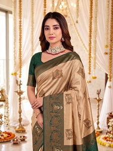 Elegante Saree de Seda Beige Verde con Estampado Tradicional, Largo hasta el Suelo, Protección Solar, para Bodas, para Mujeres, India, Pakistán, Moda AARA - Product Image 5
