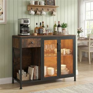 Rustic <b>Brown</b> Coffee Bar <b>Table</b> with Storage Drawer RGB LED and Power Outlet Elegant Home Furniture Cabinet - Product Image 2