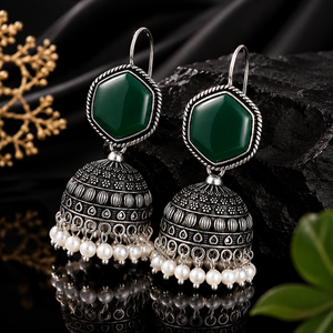 Green Onyx Stone Brass Oxidized <b>Silver</b> Jhumka Drop Ethnic Bohemia <b>Dangle</b> <b>Earrings</b> Handmade Pearl Women Wholesale Jewelry - Product Image 6