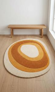 Luxury Modern Wool Hand Tufted Round Area Rug Cream Beige <b>Abstract</b> Ripple Line Floor Carpet for Living Room Mat - Product Image 3