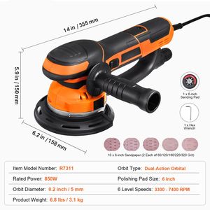 Levigatrice Roto-Orbitale Elettrica a Doppia Azione (DA) da 6 Pollici, 850W, 7400 Giri/min, 6 Velocità Variabili, 10P, ad Alte Prestazioni - Product Image 3