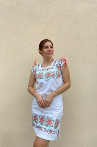 Robe bohème chic tendance en coton blanc, brodée à la main avec des motifs floraux, polyvalente, longueur genoux, pour femmes - Product Image 2