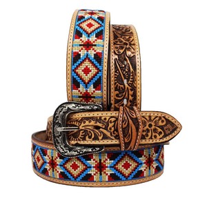 Cinturón Reversible de Cuero Vacuno con Patrón Geométrico de Cuentas y Hebilla Plateada Estilo Western, Cuero Pintado de Estilo Étnico - Product Image 2