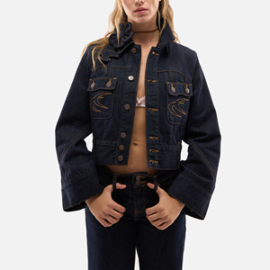 Women Light Wash <b>Denim</b> <b>Jacket</b> Regular Fit Button Front Embroidered Casual Eco-Friendly Breathable Autumn Style Solid Color Coat - Product Image 1