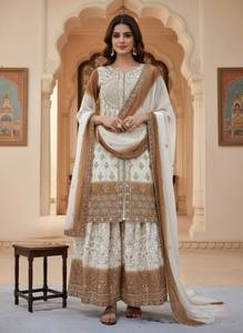 Ensemble Salwar Kameez en Soie Dorée Ombrée Crème pour Femme, Tenue Traditionnelle Indienne et Pakistanaise, Idéal pour Mariages et Fêtes, Longueur Ras du Sol, Coupe Classique - Product Image 3