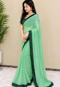 Sari en Georgette Vert Brodé pour Femme K V International, avec Blouse Non Cousue, Séchage Rapide, Style Traditionnel, en Nylon, pour Mariage - Product Image 3