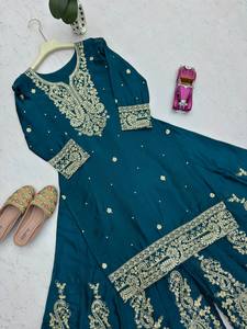 Kurti en soie chinon lourde avec broderie, cordonnet et travail de sequins, entièrement cousu, ensemble ethnique pour femme avec plazzo et dupatta assortis - Product Image 2