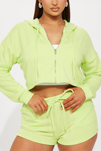 Ensemble de survêtement décontracté d'été pour femme, vert lime, avec short et sweat à capuche court zippé - Product Image 5