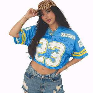 Maillot de football américain court en maille bleue de haute qualité pour femme, personnalisable, style streetwear, col en V, chemise graphique oversize, mode féminine - Product Image 4