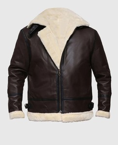<b>Mens</b> <b>Brown</b> Shearling <b>Leather</b> Bomber <b>Jacket</b> with Warm Fur Lining - Product Image 1