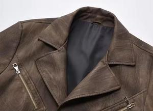 Chaqueta de Motociclista de Cuero PU Marrón para Hombre, Cuello Alto, Cierre de Cremallera, Corte Ajustado, Informal, para Invierno, con Logotipo Frontal - Product Image 3