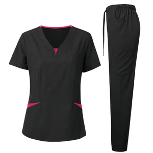 Ensembles de blouses médicales unisexes à col montant, manches courtes, en tissu tricoté coton-polyester, respirants, confortables, personnalisables pour hôpital - Product Image 4
