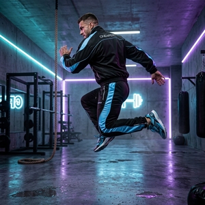 Ensemble de survêtement pour homme noir et bleu, veste zippée et pantalon de jogging, empiècements contrastants, vêtements de sport ONEAPEX, vente en gros personnalisée - Product Image 6