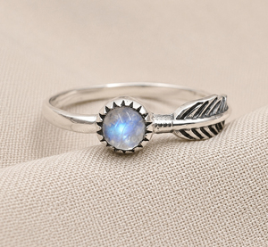 Anillo de Plata de Ley 925 con Piedra Lunar Arcoíris de 6mm, Corte Redondo, Engaste de Garras, Estilo Bohemia con Hoja, para Uso Diario Unisex - Product Image 3
