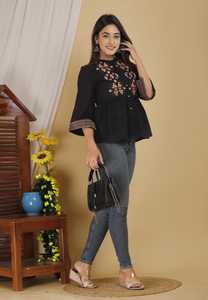 Top Peplum Negro Bordado de Primera Calidad para Mujer, Túnica Étnica Informal con Botones en la Parte Delantera y Borde de Manga Elegante - Product Image 6