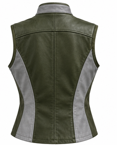 <b>Men's</b> <b>Leather</b> <b>Vest</b> Stand Collar Moto Biker Style Zipper Closure Color Blocked - Product Image 6