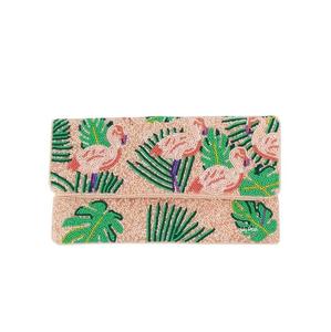 Bolso de mano bordado con cuentas verdes y rosas, diseño intrincado, motivo floral artesanal, cuentas pequeñas cosidas a mano - Product Image 1