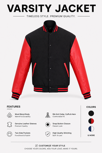 <b>Men's</b> Black Red Eco-Friendly Canvas Varsity <b>Jacket</b> Sleeve Casual Zipper Front Turn-down Collar Winter Wear - Product Image 4
