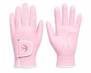 ถุงมือกอล์ฟหนัง Cabretta สีชมพูพรีเมียม ปักโลโก้ได้ ระบายอากาศได้ดี สำหรับผู้หญิง  ขอบสีขาว ผลิตโดยโรงงาน OEM - Product Image 1