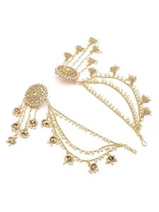 Indian Ethnic Trendy Flower Anniversary Drop Earrings Pearl Chain Matching Maang Tikka Gold Plated Vintage Traditional Jewelry - Product Image 4