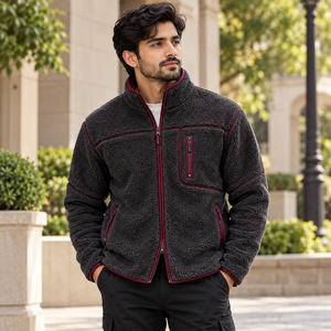 High Collar Side Pockets Elastic Cuffs <b>Men</b>’s <b>Sherpa</b> Puller <b>Fleece</b> Zip-Up Jacket Made With Soft Polar <b>Fleece</b> Fabric Full Front - Product Image 1