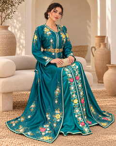 Caftán Marroquí de Terciopelo Color Verde Azulado con Bordado Sólido, Mangas Largas, Cinturón con Filigrana Dorada, Largo MAXI, para Fiestas de Invierno, Mishkat Couture - Product Image 4