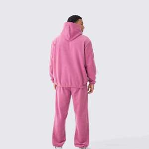 Sudadera con capucha de forro polar rosa para hombre y pantalones jogger, conjunto informal oversize para otoño, de color liso, tejido transpirable con diseño de bolsillos. - Product Image 2