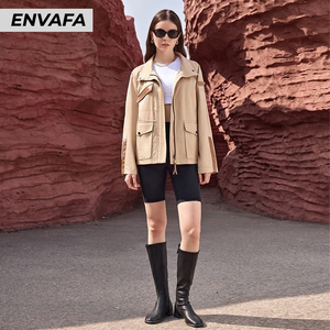 Abrigo Personalizado para Mujer, Chaqueta de Primavera con Bolsillos Grandes y Detalles en Cuero, Abrigo Corto Tipo Gabardina al por Mayor, OEM ODM - Product Image 5