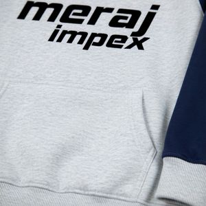 A light grey sporty hoodie with navy blue and maroon stripe details on the sleeves a front kangaroo pocket - Product Image 5