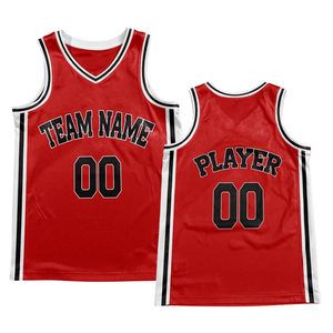 Ensemble d'uniformes de basket-ball personnalisés rouge rétro avec bordure blanche et noire, maillot et short, nom et numéro de l'équipe, design classique - Product Image 6