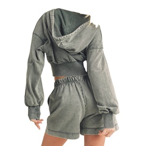 Ensemble sweat à capuche court et short pour femme, taille plus, vintage, en coton délavé à l'acide, avec fermeture éclair, logo personnalisé, respirant, hiver 2026 - Product Image 5