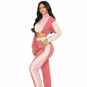 Women Color Blocking Tracksuit Set Half-<b>Zip</b> Full Sleeve Drawstring Pants Sporty Style Spring Wear - Product Image 1