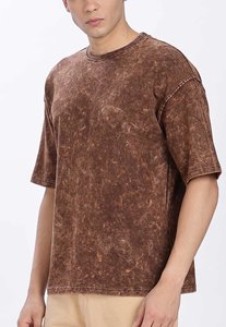 Camiseta Oversize de Algodón Grueso con Lavado Ácido para Hombre, Hombros Caídos, Manga Corta, Cuello Redondo, Color Liso - Product Image 3