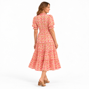 Women's Pink Floral Midi <b>Dress</b> Short Puff Sleeve V Neck Tiered Ruffle <b>High</b> <b>Waist</b> Vintage Summer Casual A-Line <b>Dress</b> - Product Image 4