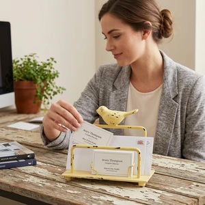Rustic Yellow Metal Business Card Holder With Bird Sculpture Single Tier <b>Storage</b> <b>Rack</b> Handmade Desk Organizer - Product Image 3