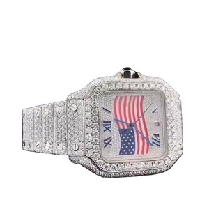 Montre chronographe de luxe en or jaune avec bracelet en cuir, pour homme, hip-hop, bling, quartz glacé, acier inoxydable, verre étanche - Product Image 1